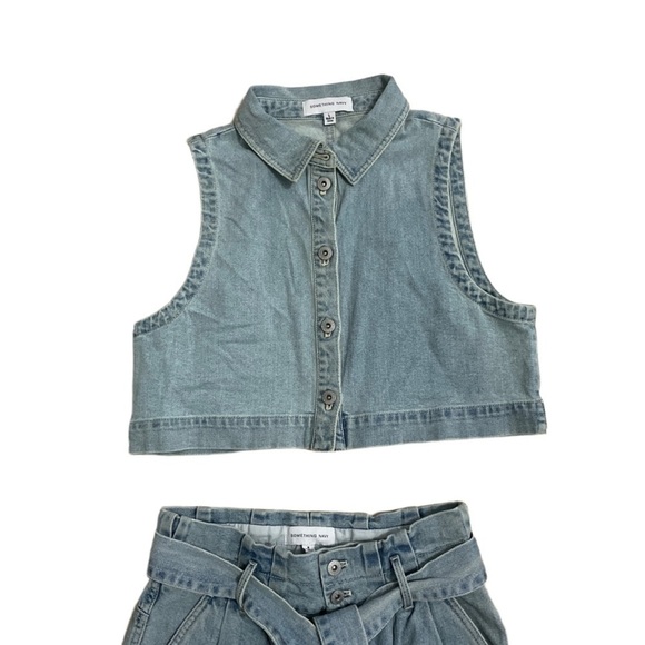 Something Navy Denim Vintage 80s crop top paper bag pant set - Picture 2 of 12